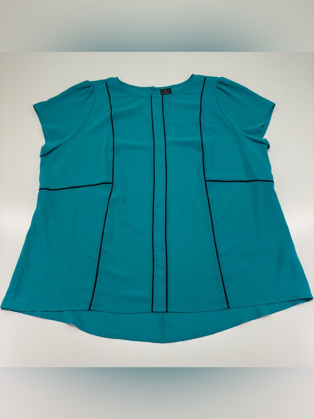 Worthington Woman 2X Teal Black Piping Flutter Sleeve Career Blouse